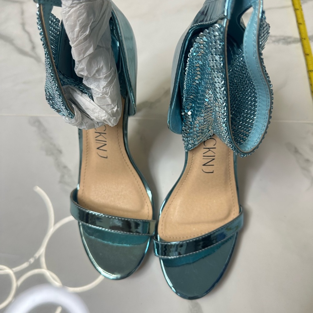 Skin Metallic Aqua Strappy Heels with Rhinestone Ankle Wrap
